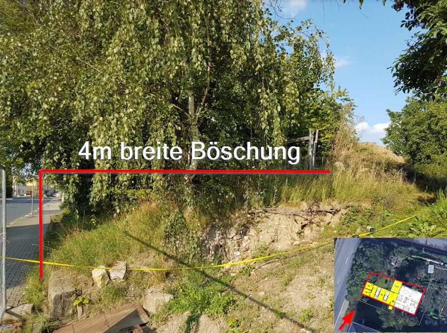 Hang mit 4 m breiter Böschung, gelbes Absperrband, Gras, Straßenrand links; Inset unten rechts.