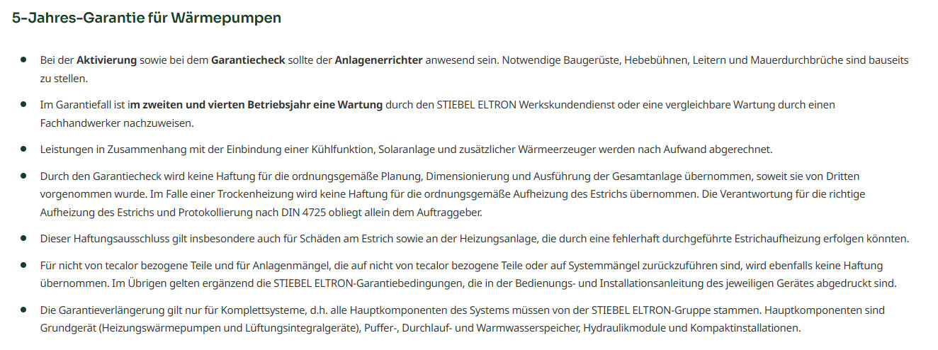 Überschrift: 5-Jahres-Garantie für Wärmepumpen; Garantiebedingungen als Aufzählung.