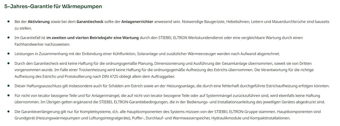Dokument mit Text zur 5-Jahres-Garantie für Wärmepumpen