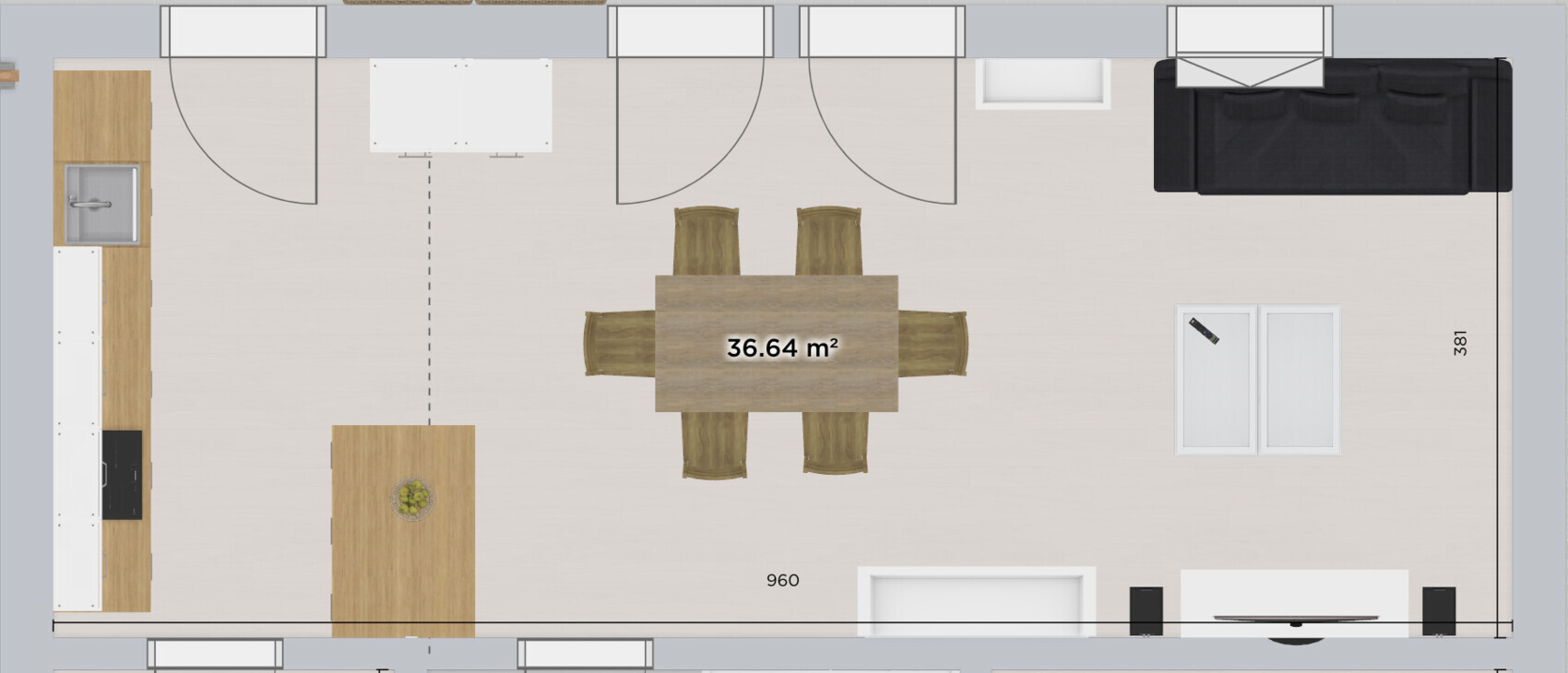 Offener Wohn-/Essbereich mit rechteckigem Esstisch und sechs Stühlen, Küche links.