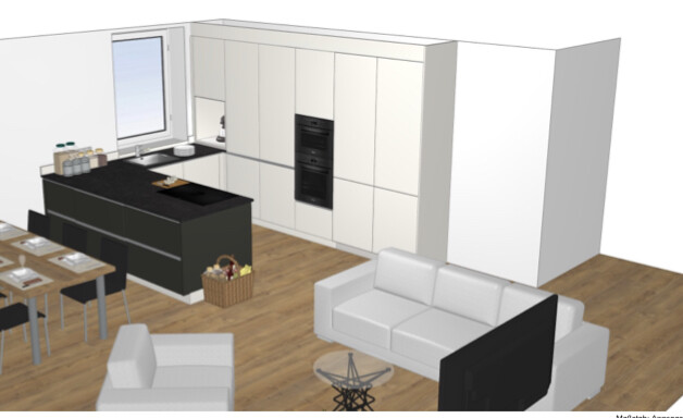 Offene Wohnküche mit Insel, weißen Schränken, Essbereich, Sofa und TV.