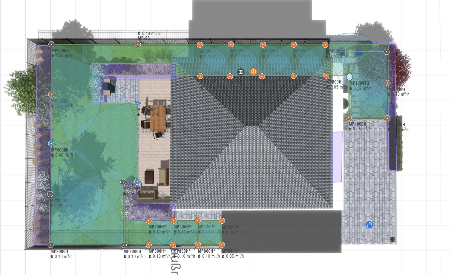 Draufsicht-Plan eines Hauses mit Dach, Terrasse und Gartenflächen