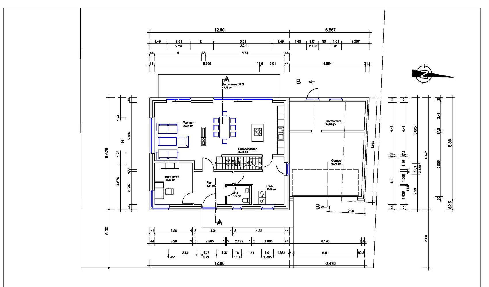 Grundriss eines Einfamilienhauses mit Wohnen, Essen/Kochen, Büro, Flur, WC, HWR, Terrasse, Garage.