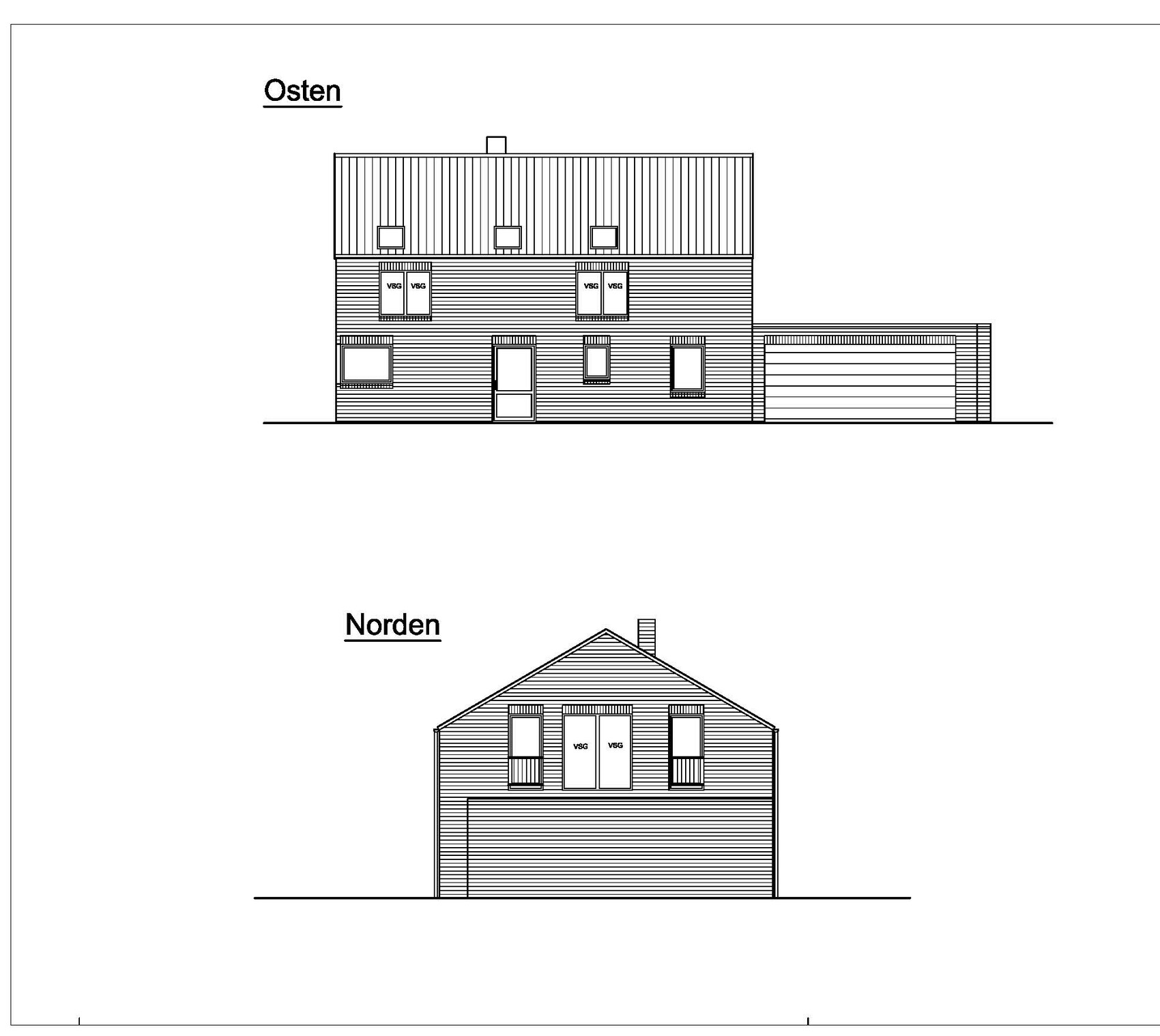 Osten- und Nordenansicht eines zweigeschossigen Hauses mit Garage und Fenstern.