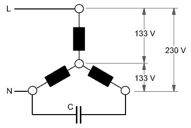 Schematisches Stromkreisdiagramm einer Lampe mit L- und N-Kontakten und Kondensator