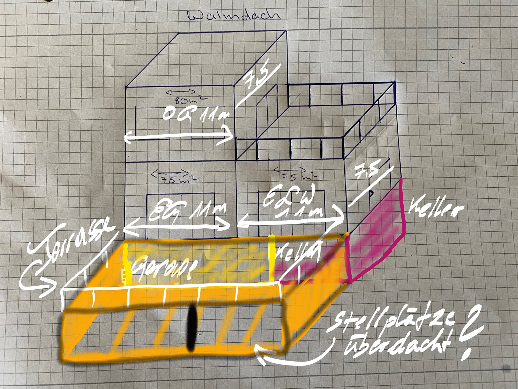 Handgezeichnete Skizze: Haus mit Walmdach, Garage vorne, pinker Kellerbereich.