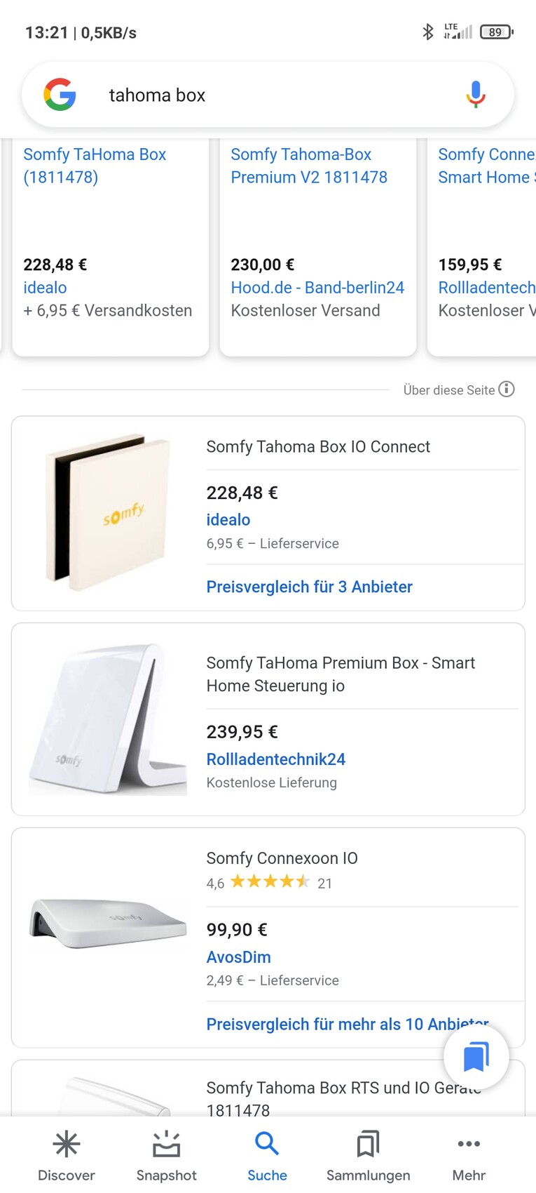 Screenshot der Google Shopping-Ergebnisse für Somfy Tahoma Box mit Preisen