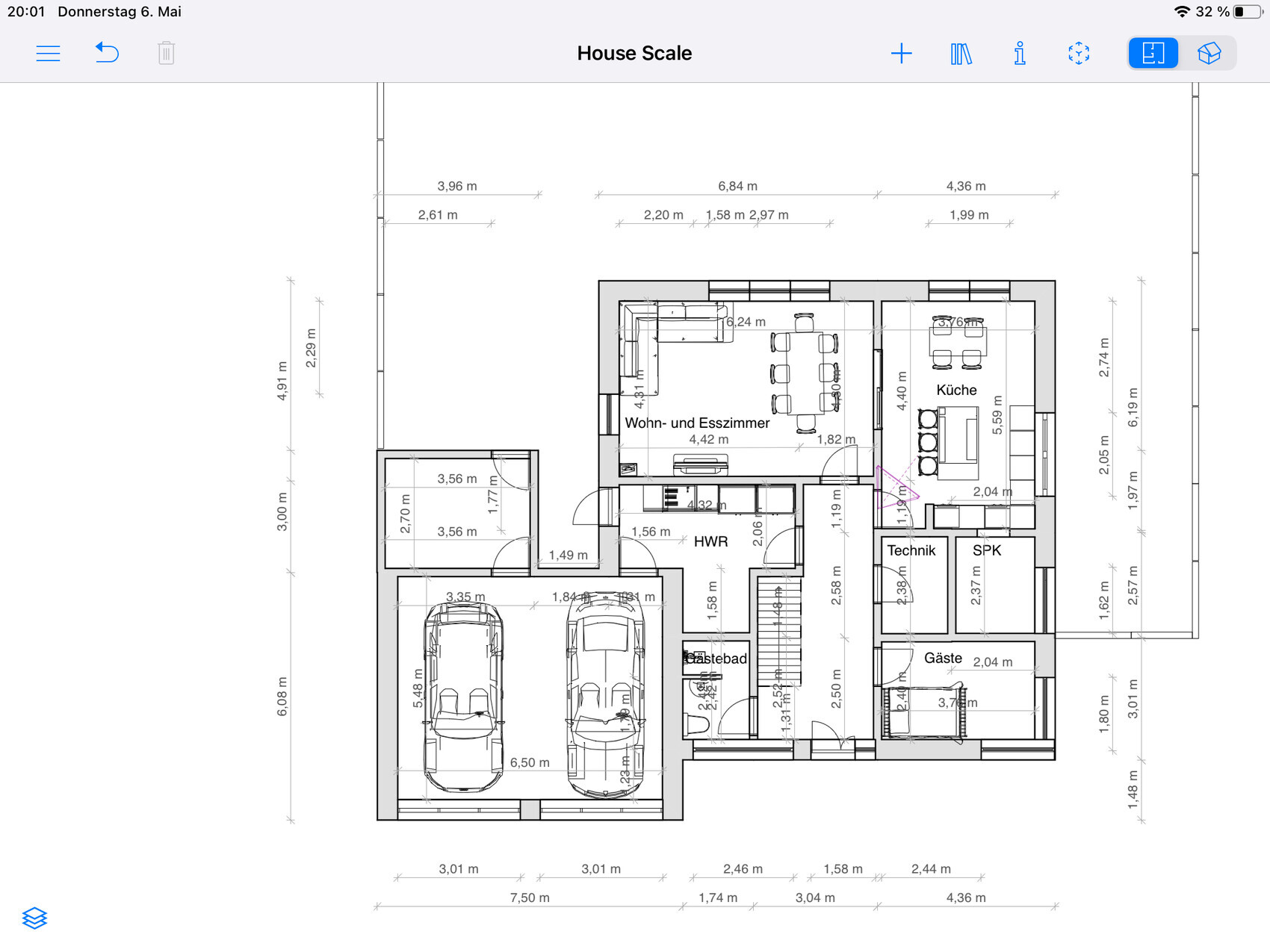 Grundriss eines Hauses: Wohn-/Esszimmer, Küche, Gästezimmer, Technik, HWR, SPK, Doppelgarage.