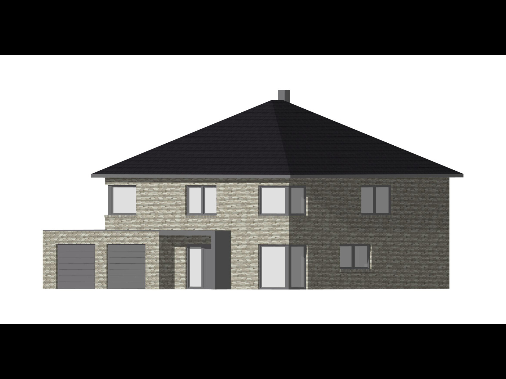 Zweistöckiges Ziegelhaus mit dunklem Walmdach und Garage links.