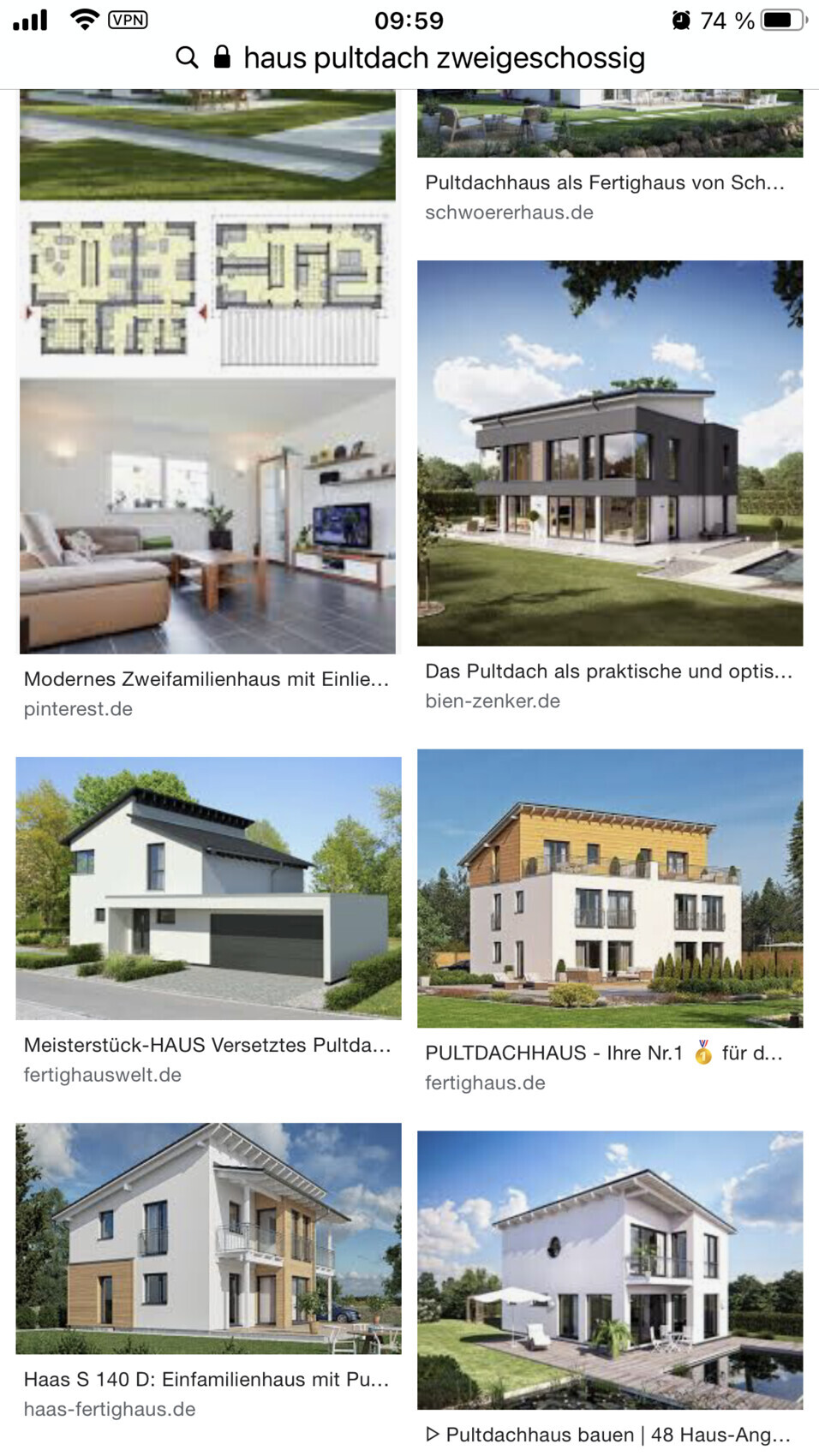 Kollage moderner Pultdachhäuser, Grundrisse und Wohnräume.