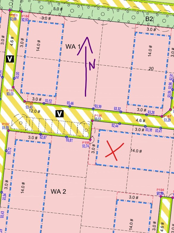 Lageplan mit WA1 oben, Pfeil nach Norden, WA2 unten; rote X-Parzelle, blaue Umrisse