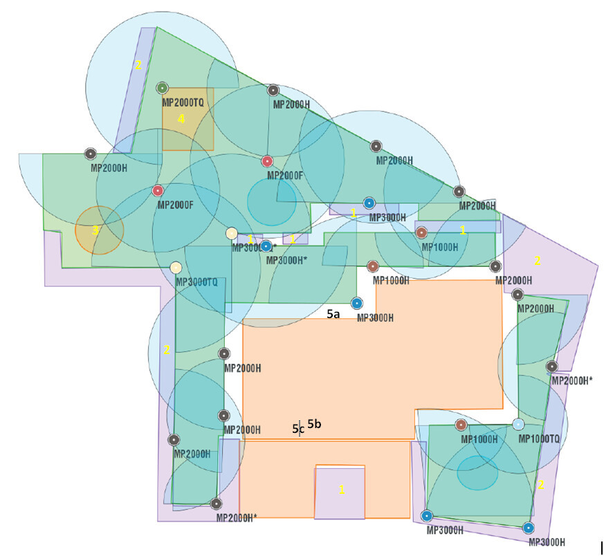 Grundriss mit Beleuchtungskegeln und Lichtzonen über dem Hausgrundriss