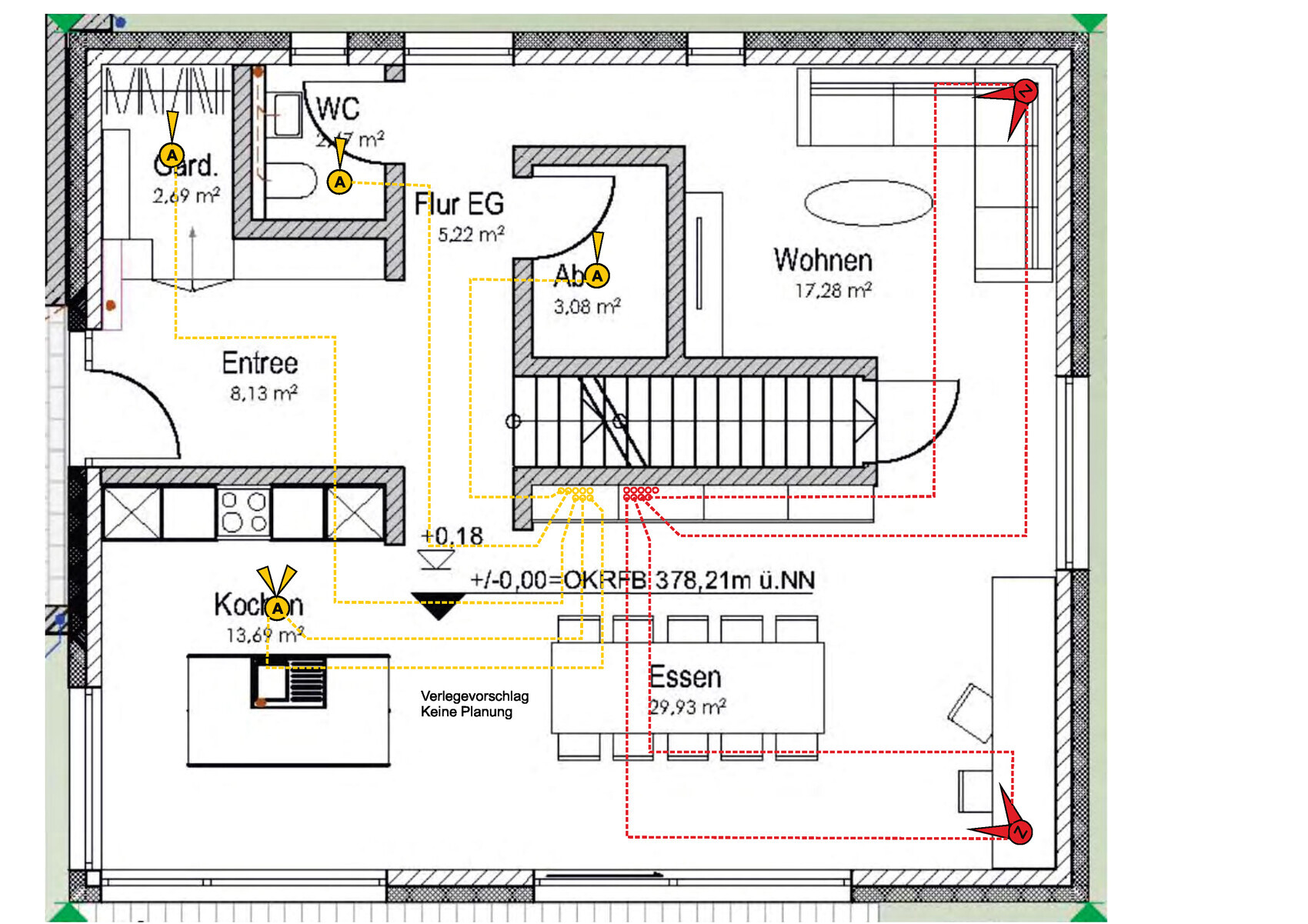 Detaillierter Grundriss eines Hauses mit Küche, Essen, Wohnen und Treppen