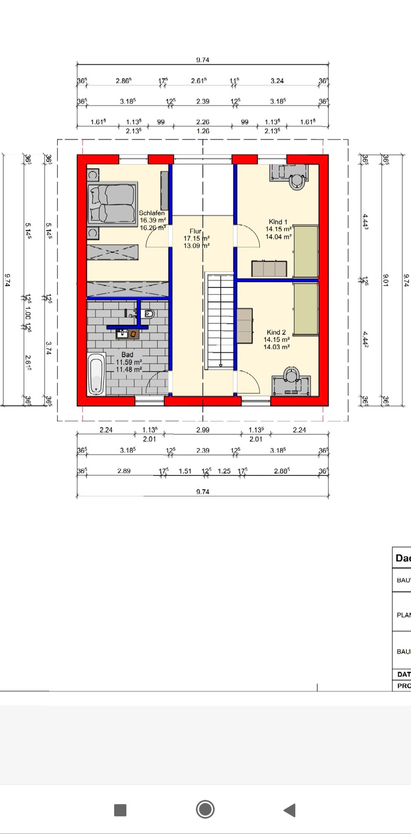 2D-Grundrissplan eines Obergeschosses mit Schlafzimmer, zwei Kinderzimmern, Flur und Bad