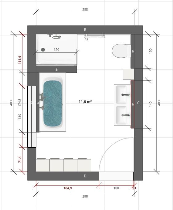 Grundriss eines Badezimmers: Badewanne links, Doppelwaschbecken rechts, Toilette oben rechts.