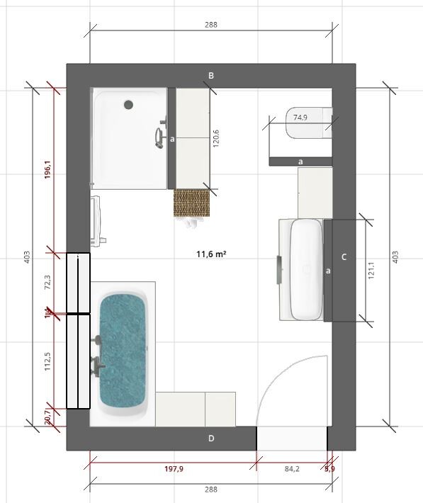 Grundriss eines Badezimmers: Badewanne links, Dusche oben links, Waschbecken rechts, Tür unten rechts.