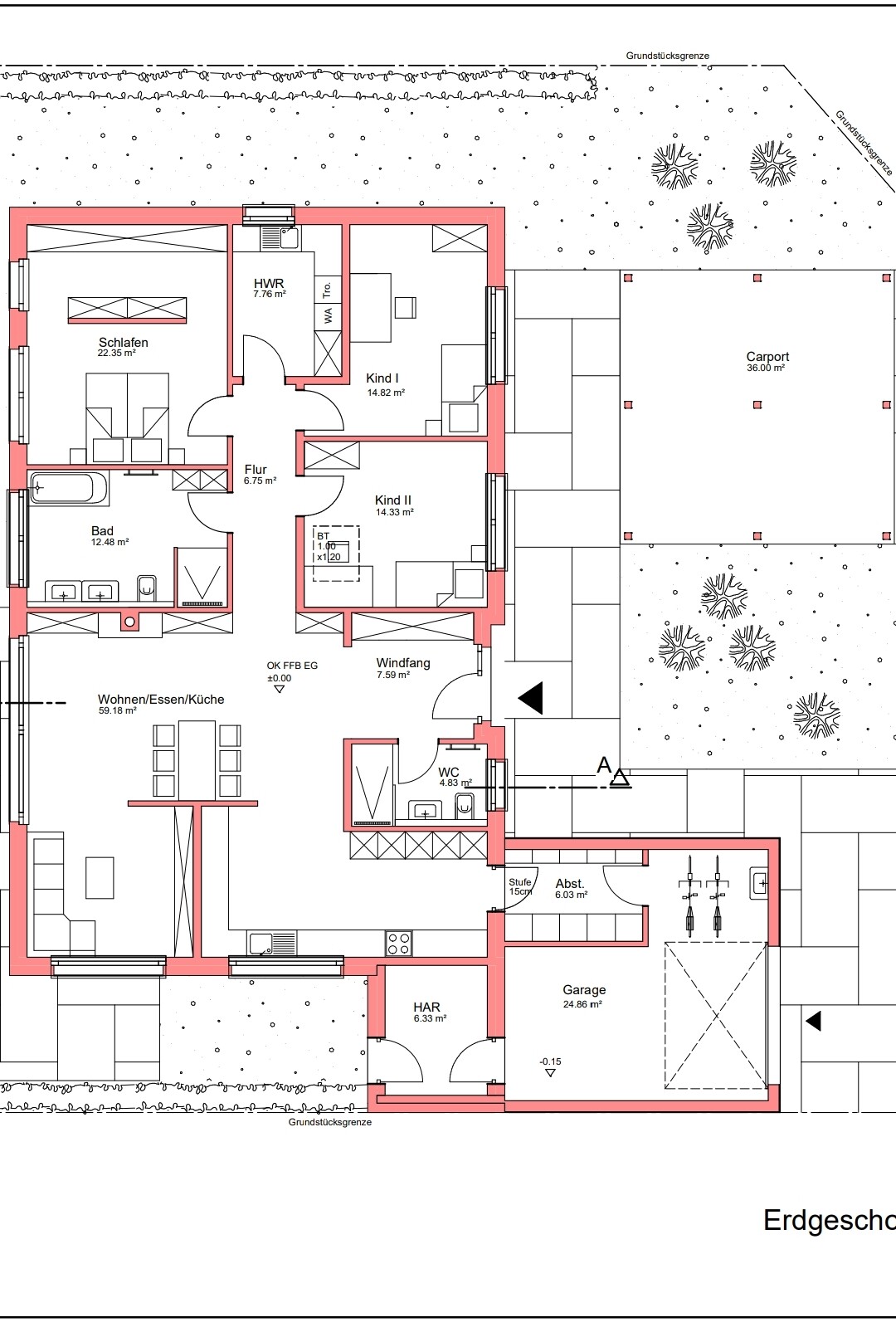Grundriss EG eines Hauses mit Wohnbereich, Küche, Bad, Schlafen, Kind I/II, Garage/Carport.