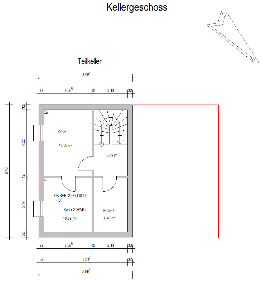 Kellergeschoss Grundriss mit drei Kellerräumen, Treppe und Wänden.