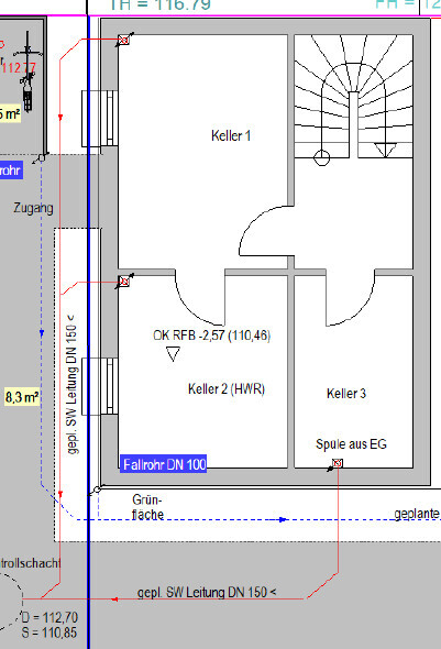 Grundriss Kellergeschoss: Keller 1, Keller 2 (HWR), Keller 3, Treppenaufgang rechts.