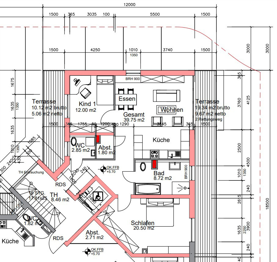 Grundriss einer Wohnung mit Ess- und Wohnbereich, Küche, Schlafen, Bad.