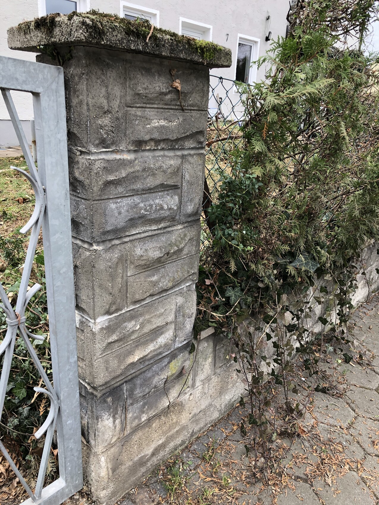 Steinsäule mit moosbewachsener Oberkante, daneben Metalltor und Efeu am Zaun vor Wohnhaus.
