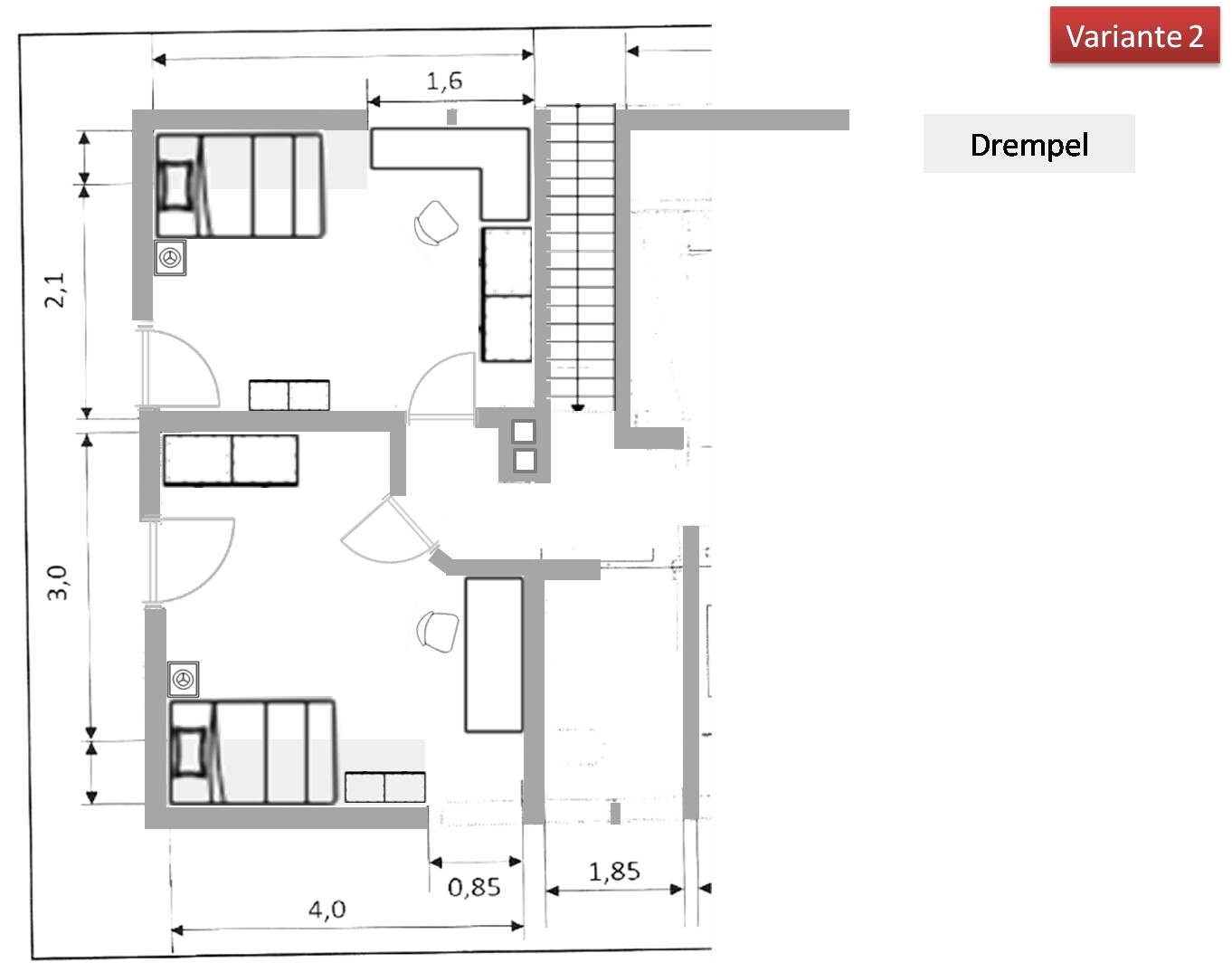 Grundriss einer Wohnung: zwei Schlafzimmer, Wohnzimmer, Treppe und Türen.