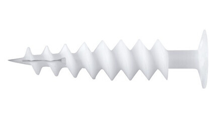 Weiße Holzschraube mit grobem Gewinde und flachem Kopf auf weißem Hintergrund