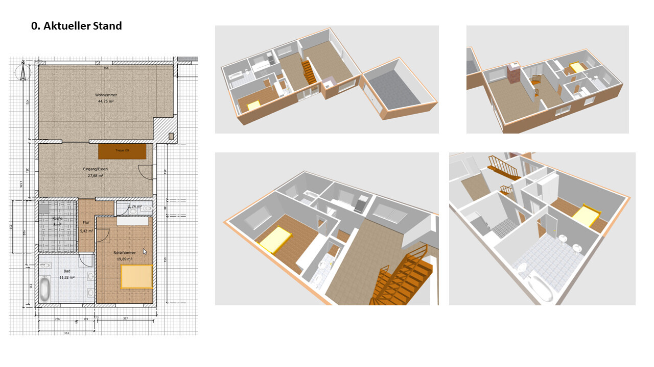 2D-Grundriss: Wohn- und Schlafbereich, Bad, Treppe; daneben vier 3D-Innenansichten.