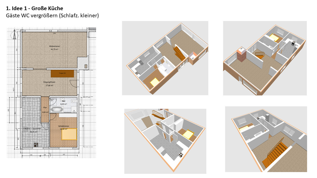 Grundriss eines Hauses mit Küche, Wohnzimmer, Bad und Schlafzimmer; mehrere 3D-Innenansichten.