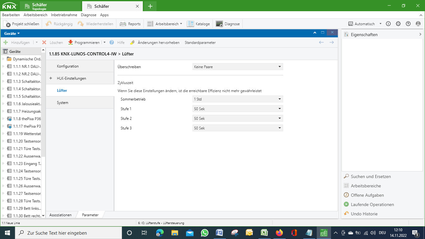 KNX-LUNOS-CONTROL4-IW: HLK-Lüftereinstellungen, Baum links, Mitte Lüfter-Details