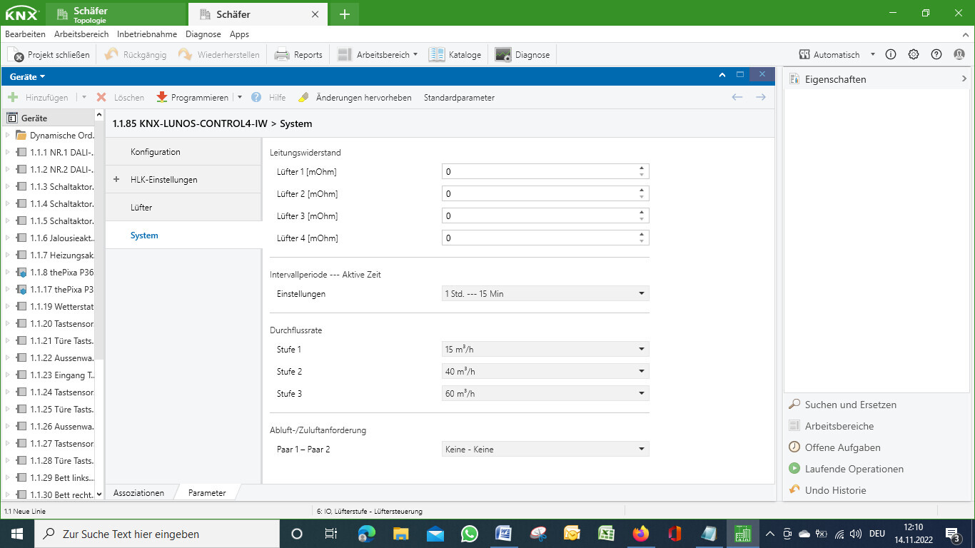 Screenshot des KNX-LUNOS-Control4-IW-Systems: Lüfter- und Durchflussraten-Einstellungen