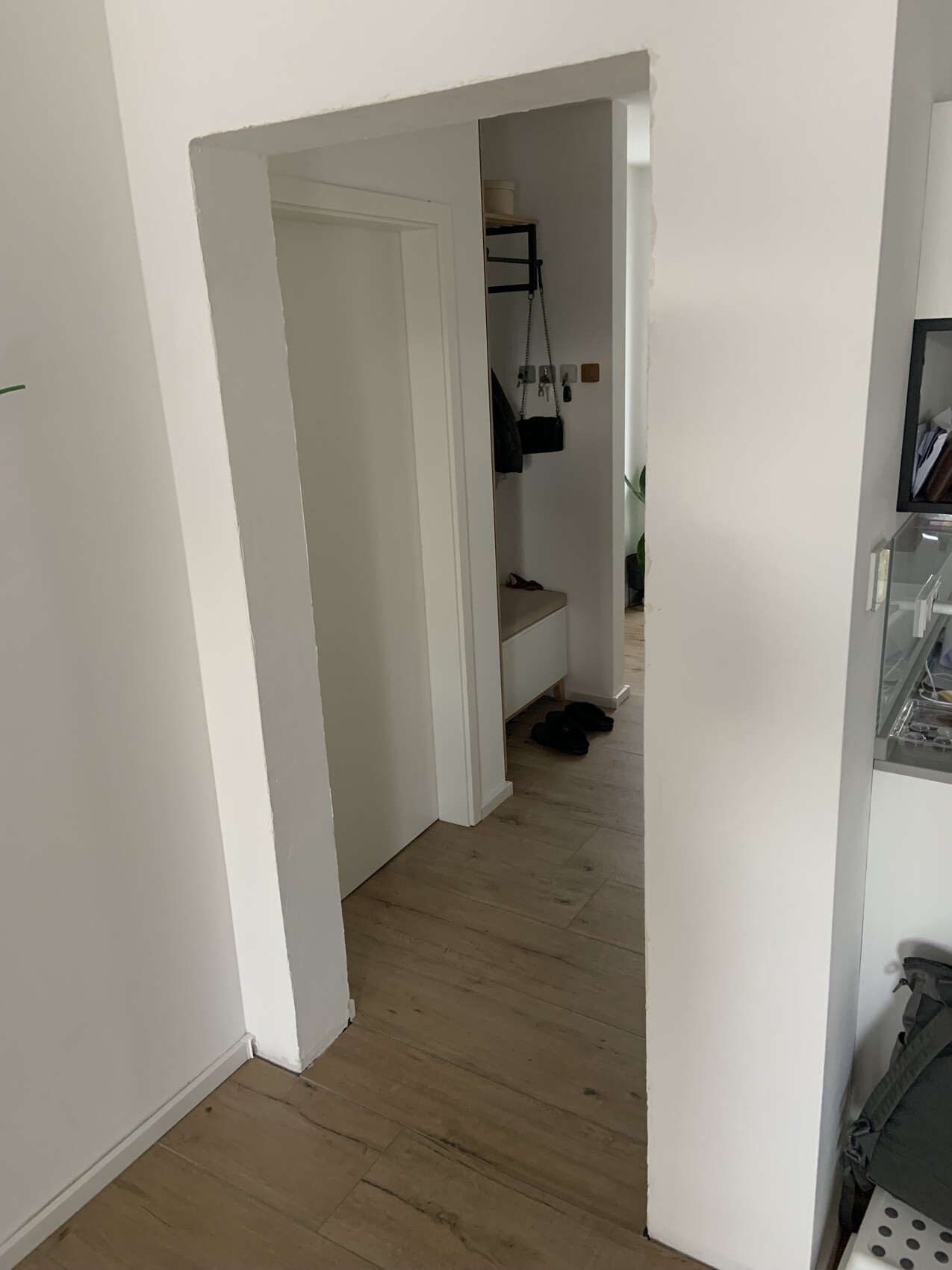 Heller Flur mit Durchgang zur Garderobe, Haken mit Mänteln, Schuhe auf Holzboden.