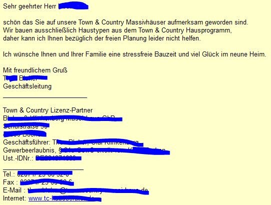 Scan eines deutschen Textbriefs über Town and Country Lizenz-Partner auf gelbem Papier.