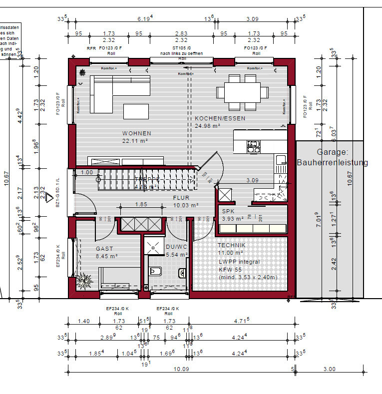 Grundriss eines Hauses mit Wohn-/Essbereich, Küche, Flur, Gästezimmer, Technik, Dusche/WC, Garage.