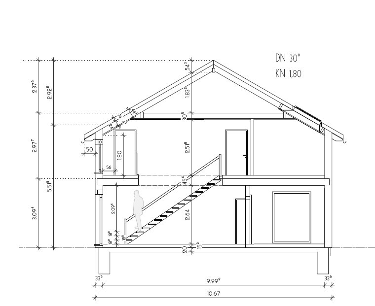 Architektur-Schnitt eines zweigeschossigen Hauses mit Treppe, Innenraum und Maßlinien