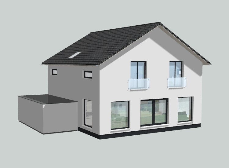 Modernes zweistöckiges Haus mit weißer Fassade, schwarzem Dach, großen Fenstern und Balkonen.