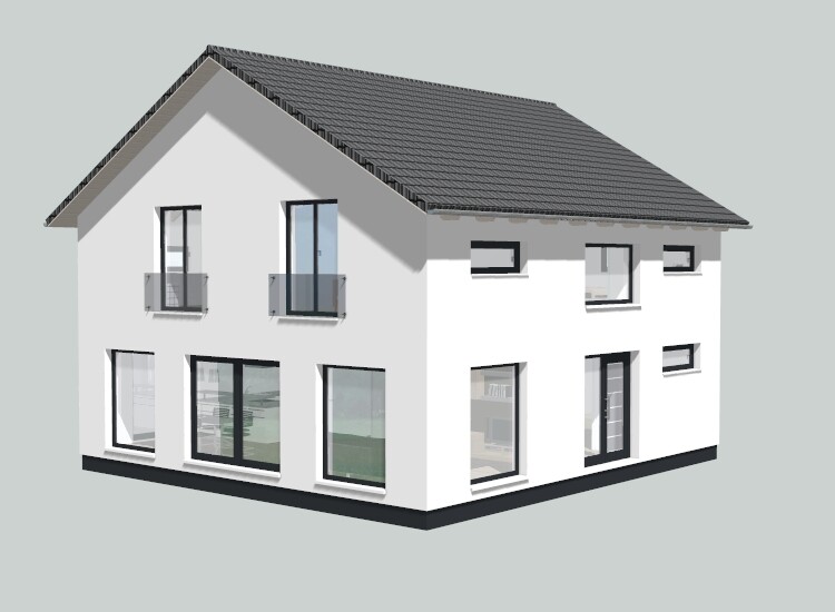 Weißes, modernes Einfamilienhaus mit grauem Satteldach und grossen Fenstern