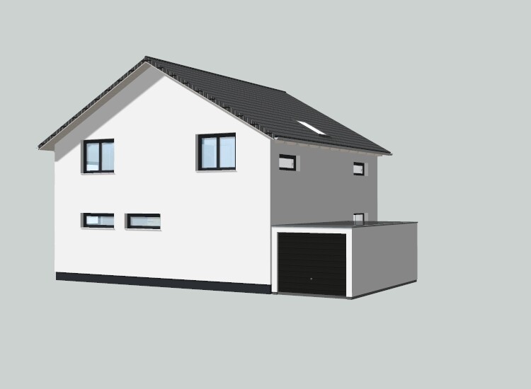 Zweistöckiges Haus mit weißer Fassade, grauem Satteldach und integrierter Garage.