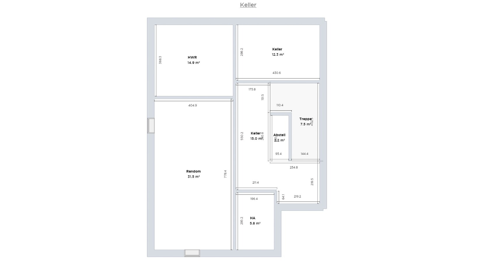 Grundriss eines Kellers mit HWR, Treppe, Abstell und HA.