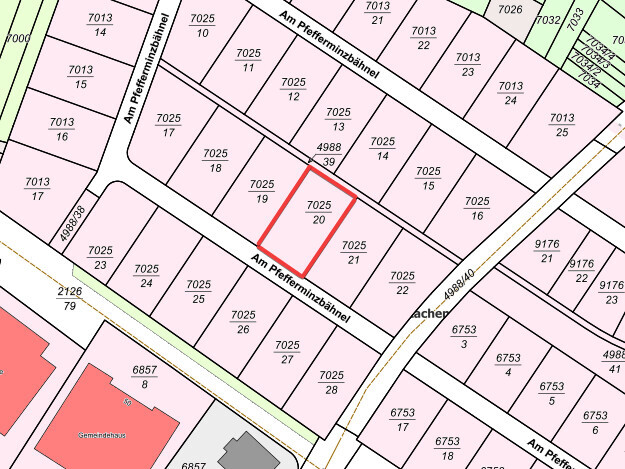 Stadtplan: Rot markiertes Grundstück Parzelle 7025/20 zwischen Am Pfefferminzbännel und Ache.