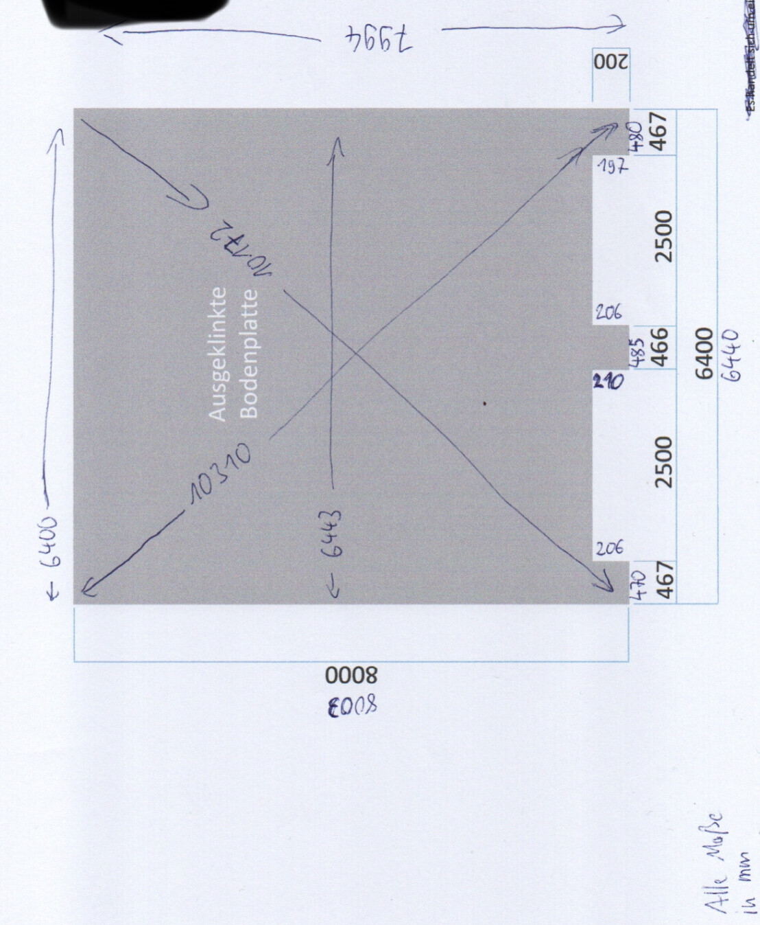 Draufsicht auf graue Bodenplatte mit sich kreuzenden diagonalen Linien (X-Form) und Maßangaben.