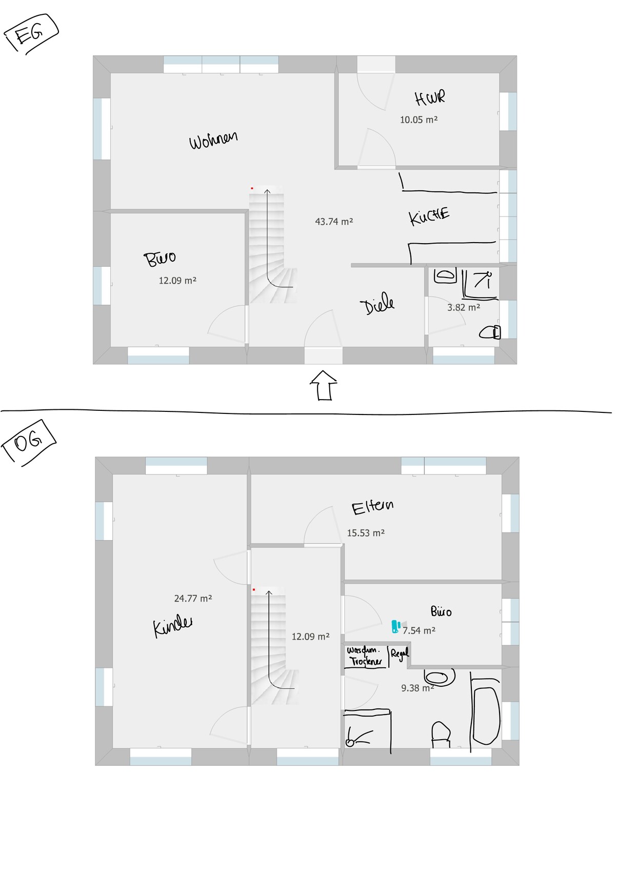 Grundriss eines Hauses: EG (Wohnen, Diele, HWR) und OG (Eltern, Kinder, Büro, Waschen/Trocknen).