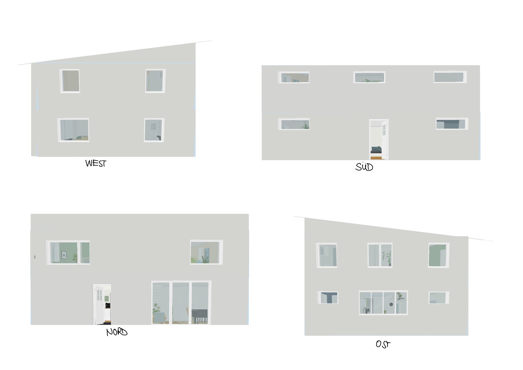 Vier Fassaden eines hellgrauen Hauses mit Fenstern; West-, Süd-, Nord- und Ostansicht.