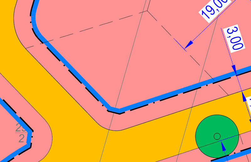 Straßen-/Bauplan: pinke Flächen mit blauer Umrandung, gelber Hintergrund, Maßlinien und grüner Baum