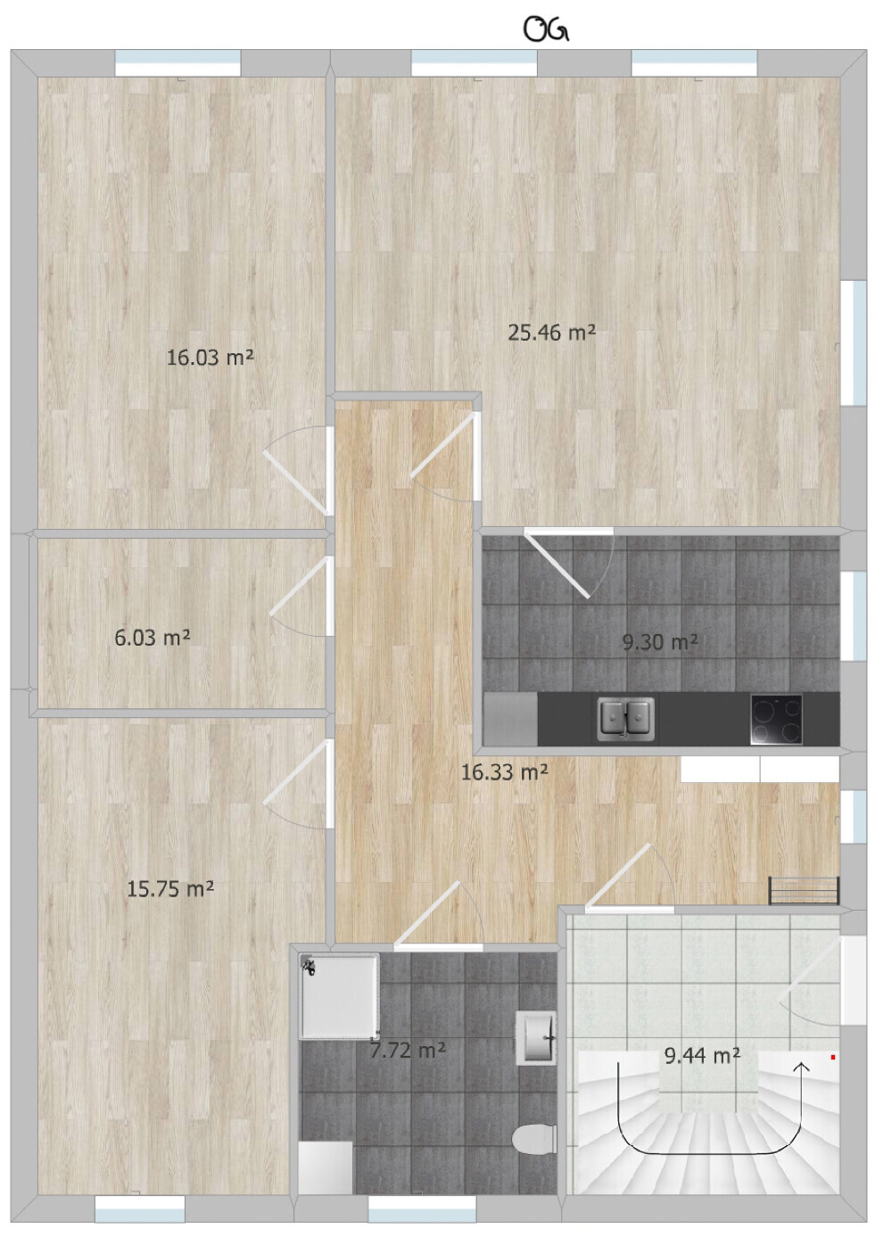 Detaillierter Grundrissplan einer Wohnung mit Küche, Bad, Flur und mehreren Zimmern