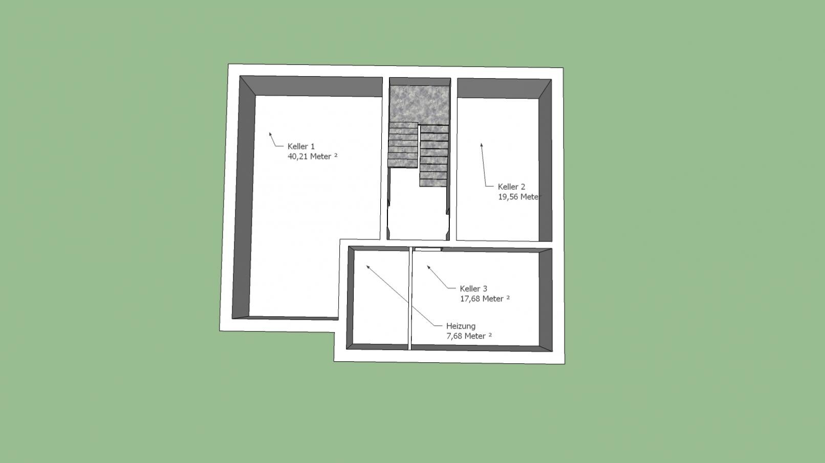 Grundriss eines Kellergeschosses mit Treppe, Wänden und Heizungsraum