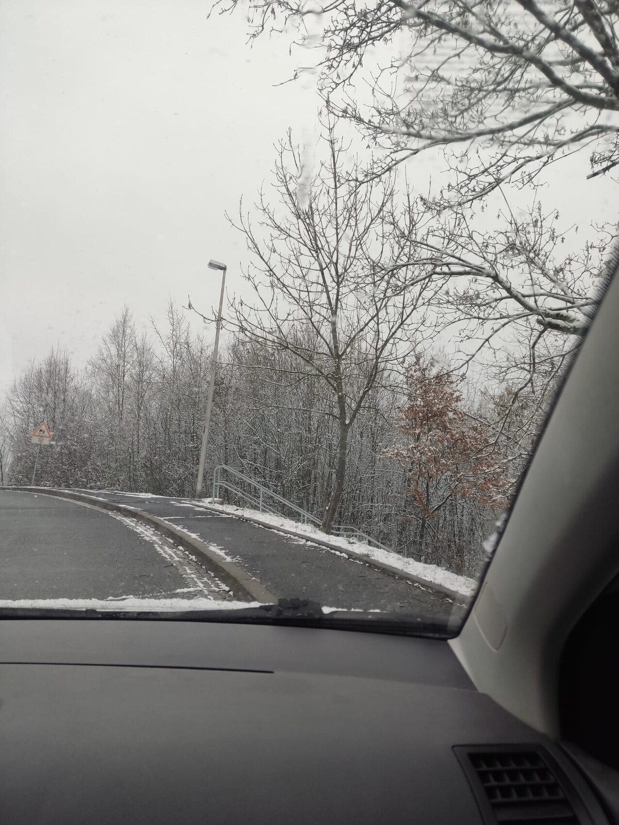 Sicht aus dem Autofenster auf eine verschneite Straße mit kahlen Bäumen im Winter