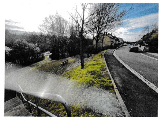 Straße mit Gehweg, Grasstreifen und Bäumen am Rand; Auto unterwegs.