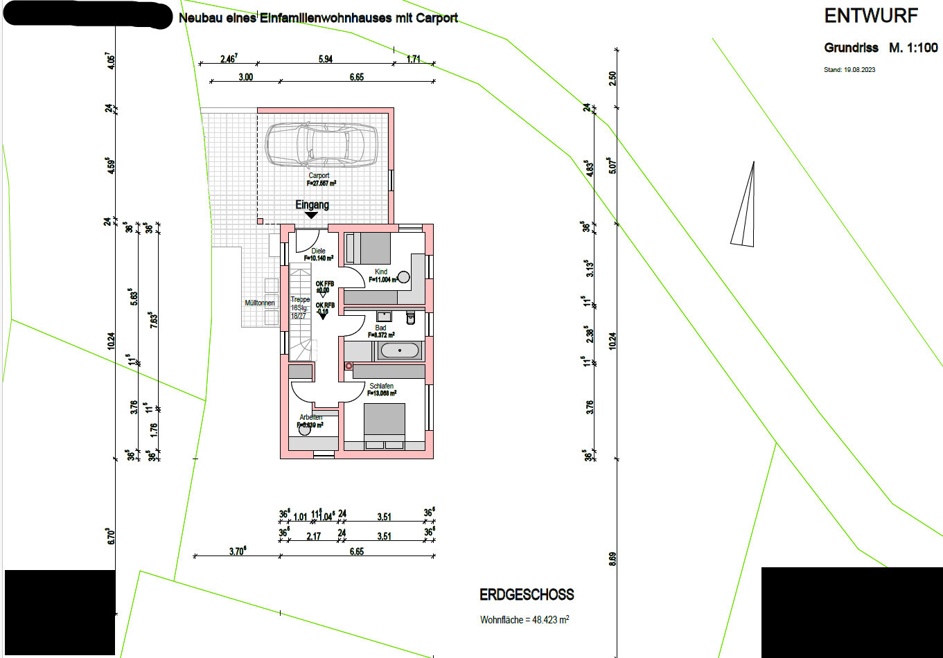 Einfamilienhaus Erdgeschoss Grundriss mit Carport und Außenbereich
