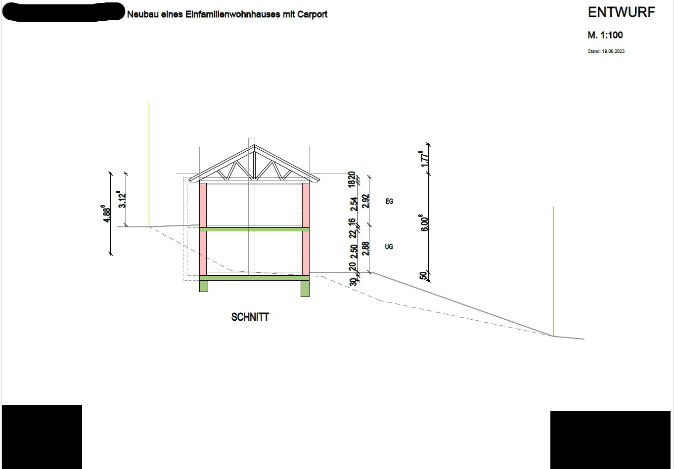 Schnittzeichnung eines Einfamilienhaus-Neubaus mit Carport und Dachkonstruktion
